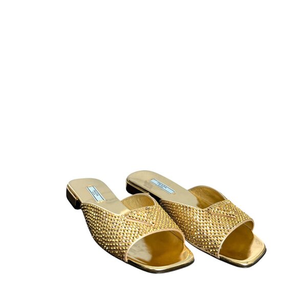 Prada Satin Crystal Embellished Gold Slide Mules Sandals 36, 1XX642 - Picture 4 of 16